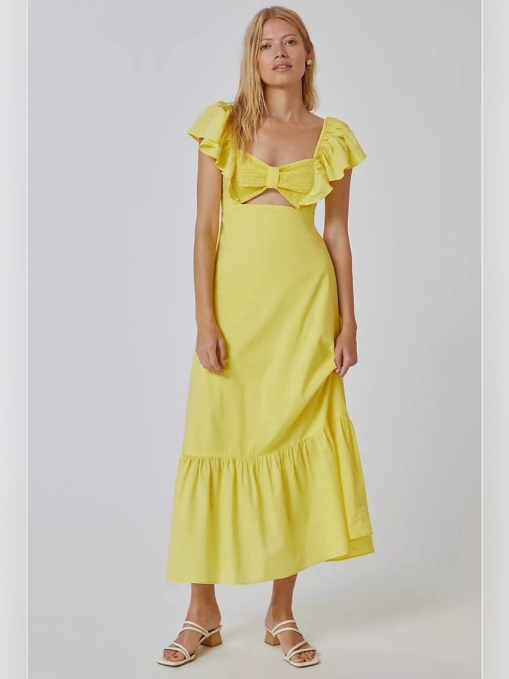 Farm Rio x Anthropologie Yellow Cotton Keyhole Midi Dress Size Small $198